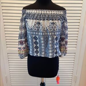 Rococo Sand Blue and White  embroidered Smocked Crop silk Blouse S